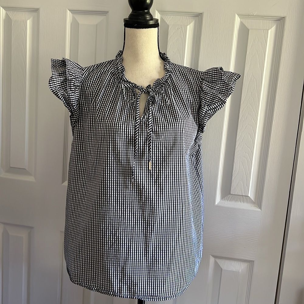 Ann Klein Black and White Gingham Ruffle Top size L